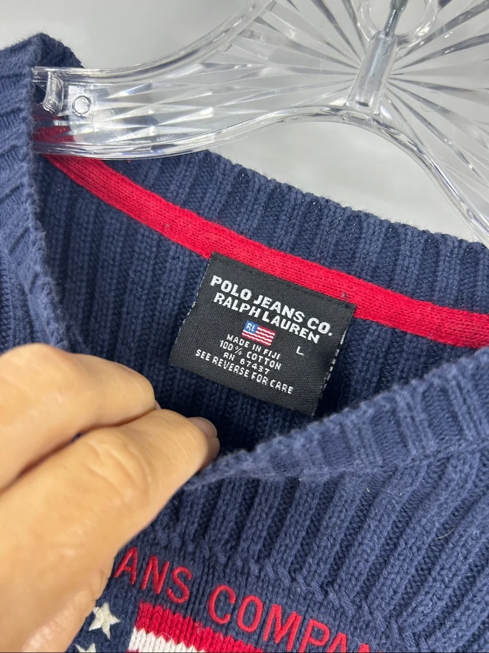 Vintage Polo Ralph Lauren Navy Blue Ribbed Sweater Flag Pullover Red Trim Size L